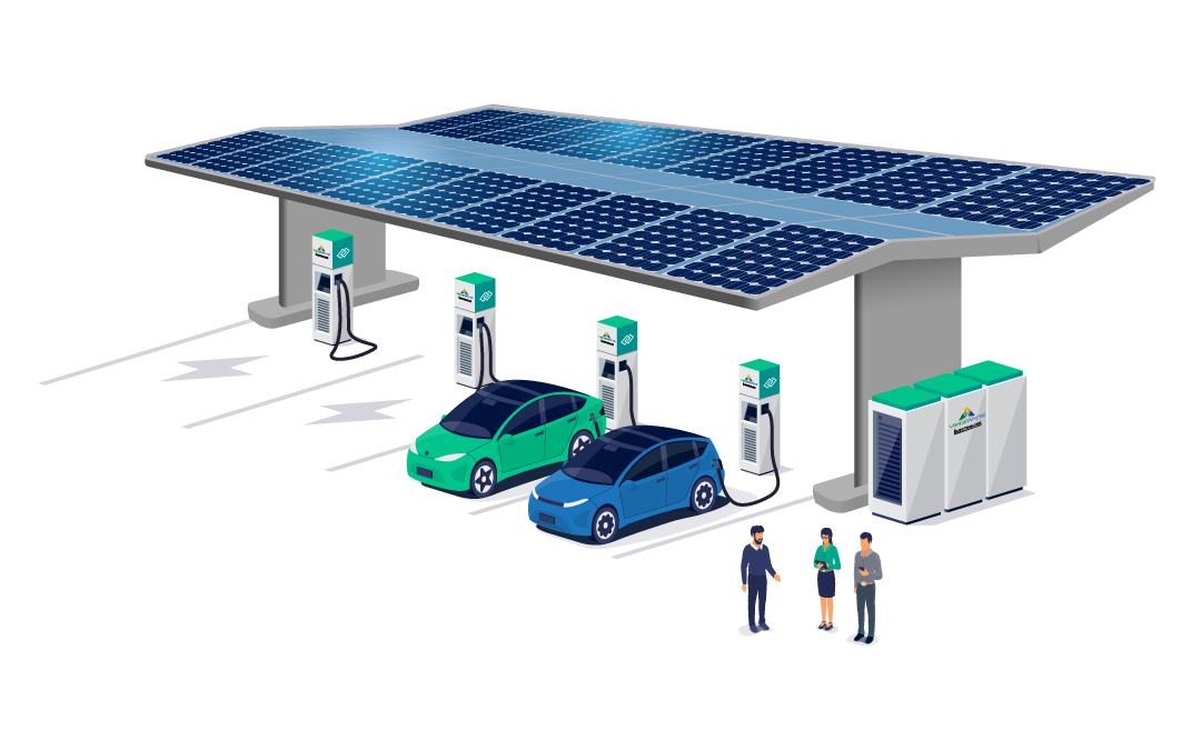 EnerSync™ Power Hub utilizes solar power and battery storage to ensure that fast EV charging is always available.
